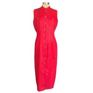 Embassy Row Pure Linen Red Sleeveless Maxi Shirt Dress Sz 10 Mandarin Collar